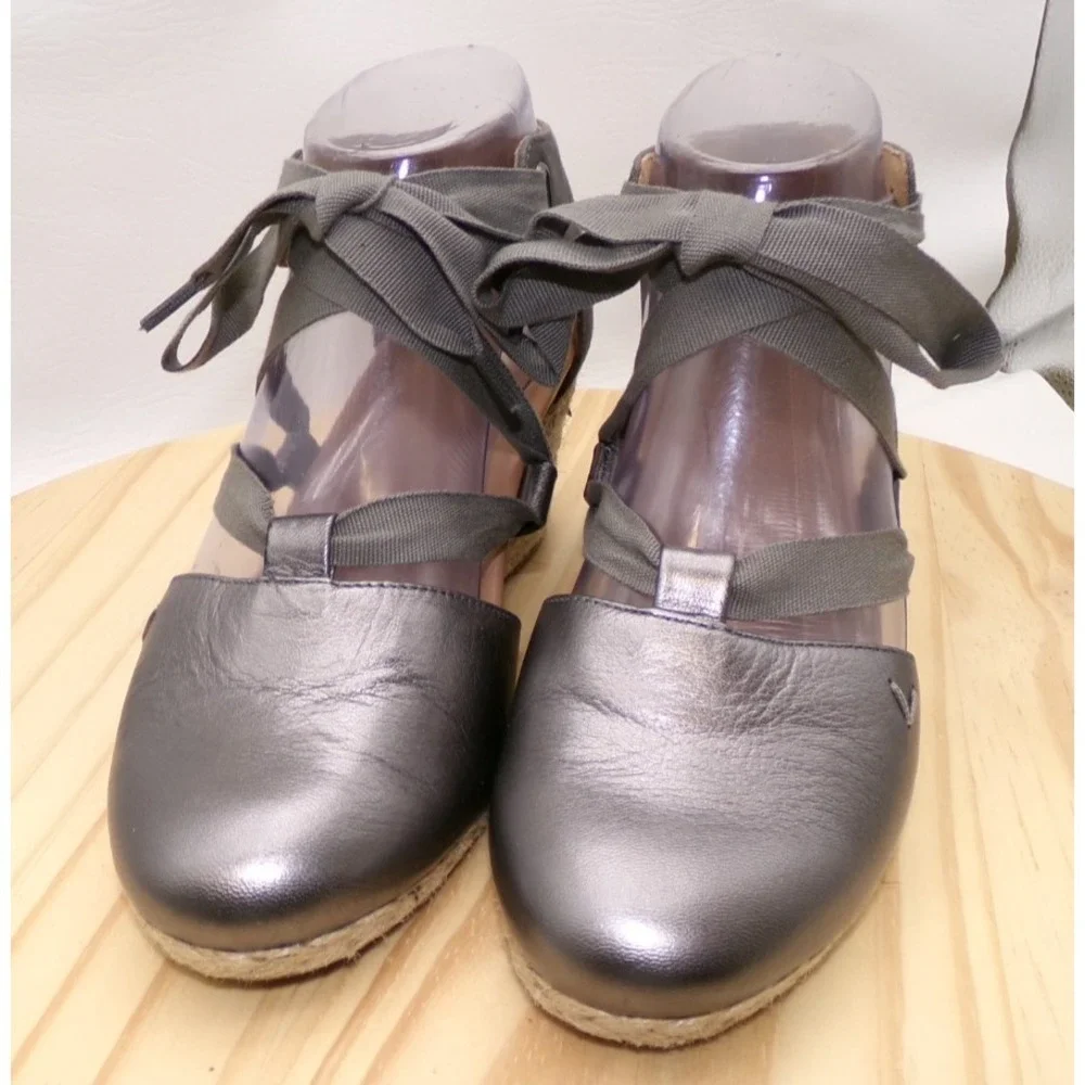 Vionic Kaitlyn Espadrille Wedge Shoes Women Metallic Pewter Sz‎ 6 Ankle Wrap